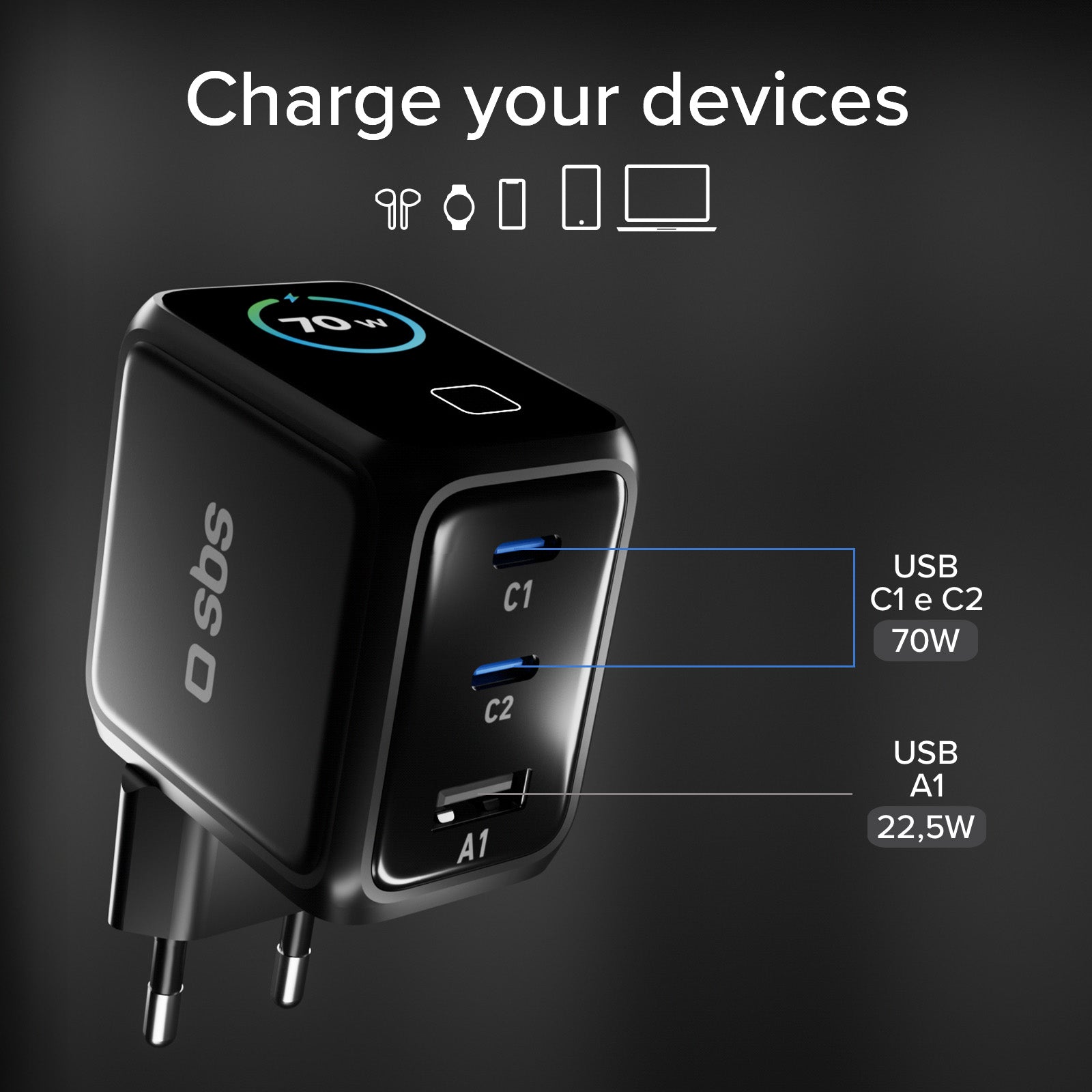 70W USB-C Smaert-Ladegerät mit TFT-Display und Power Control 2.0