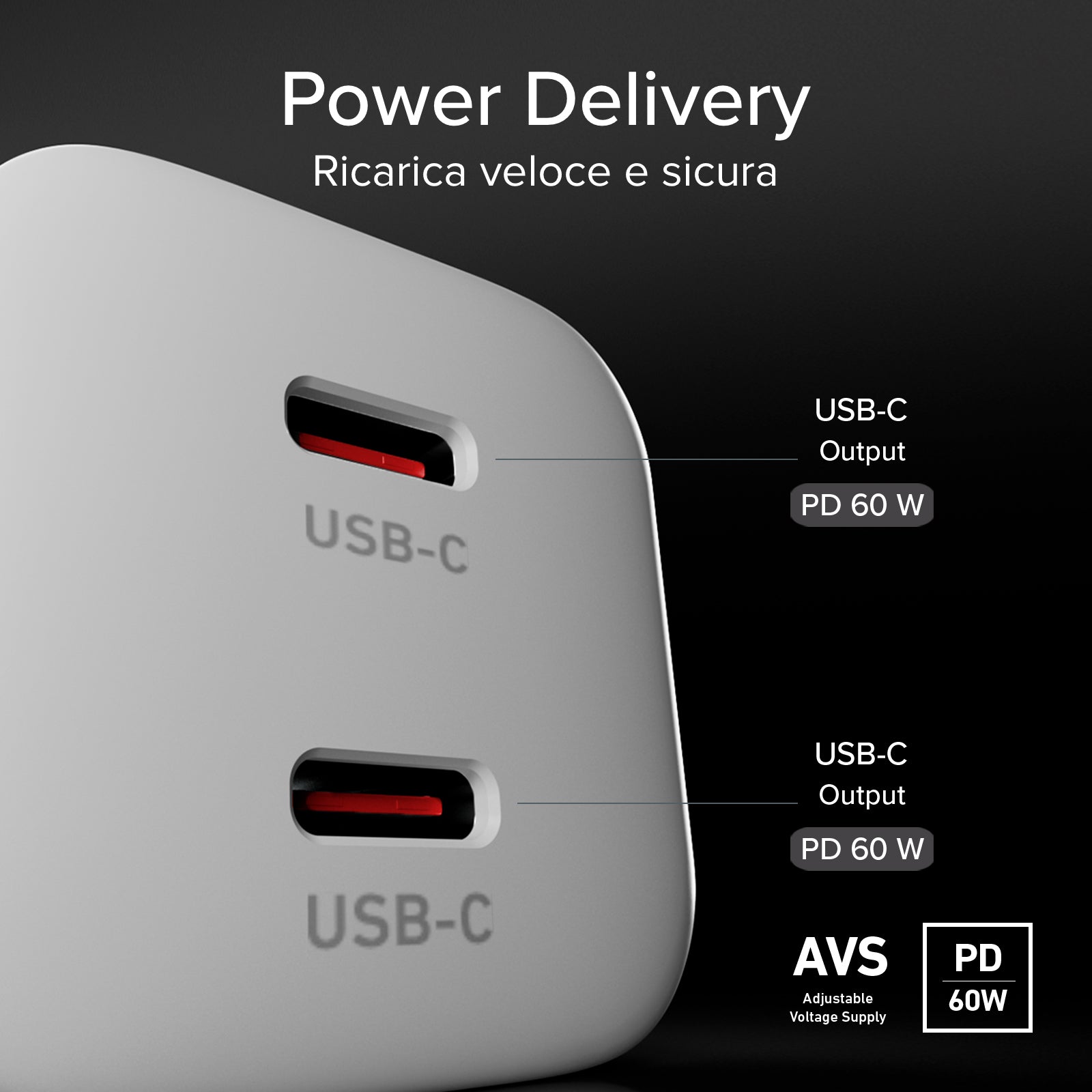 Kit chargeur mural 60W PD et AVS avec 2 ports et câble USB-C tressé 1,5 m