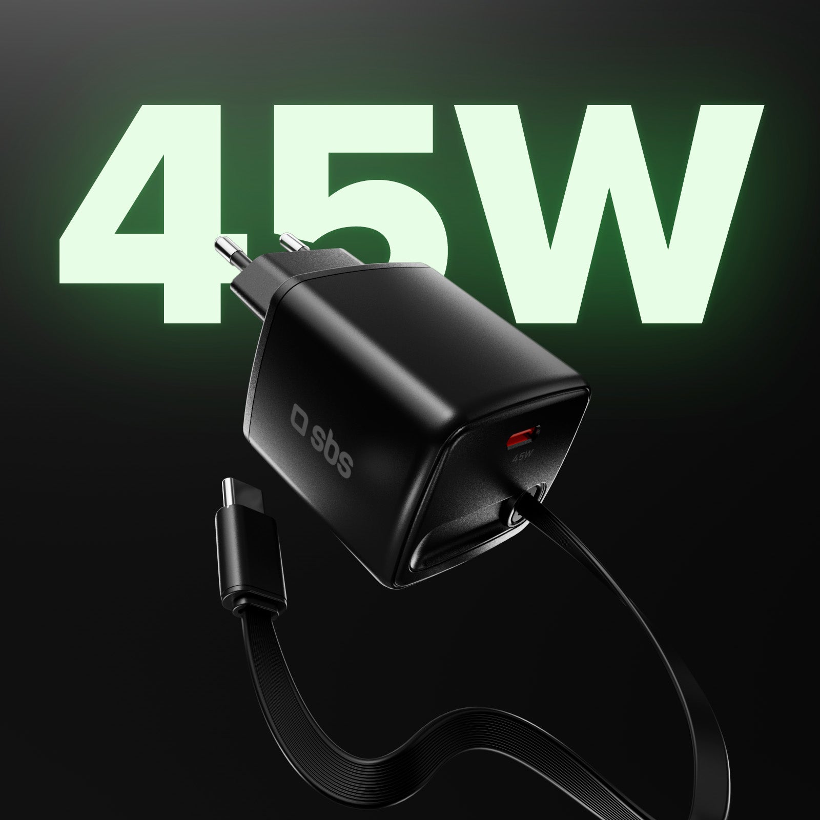 Caricatore USB-C 45W con cavo integrato retrattile GaN