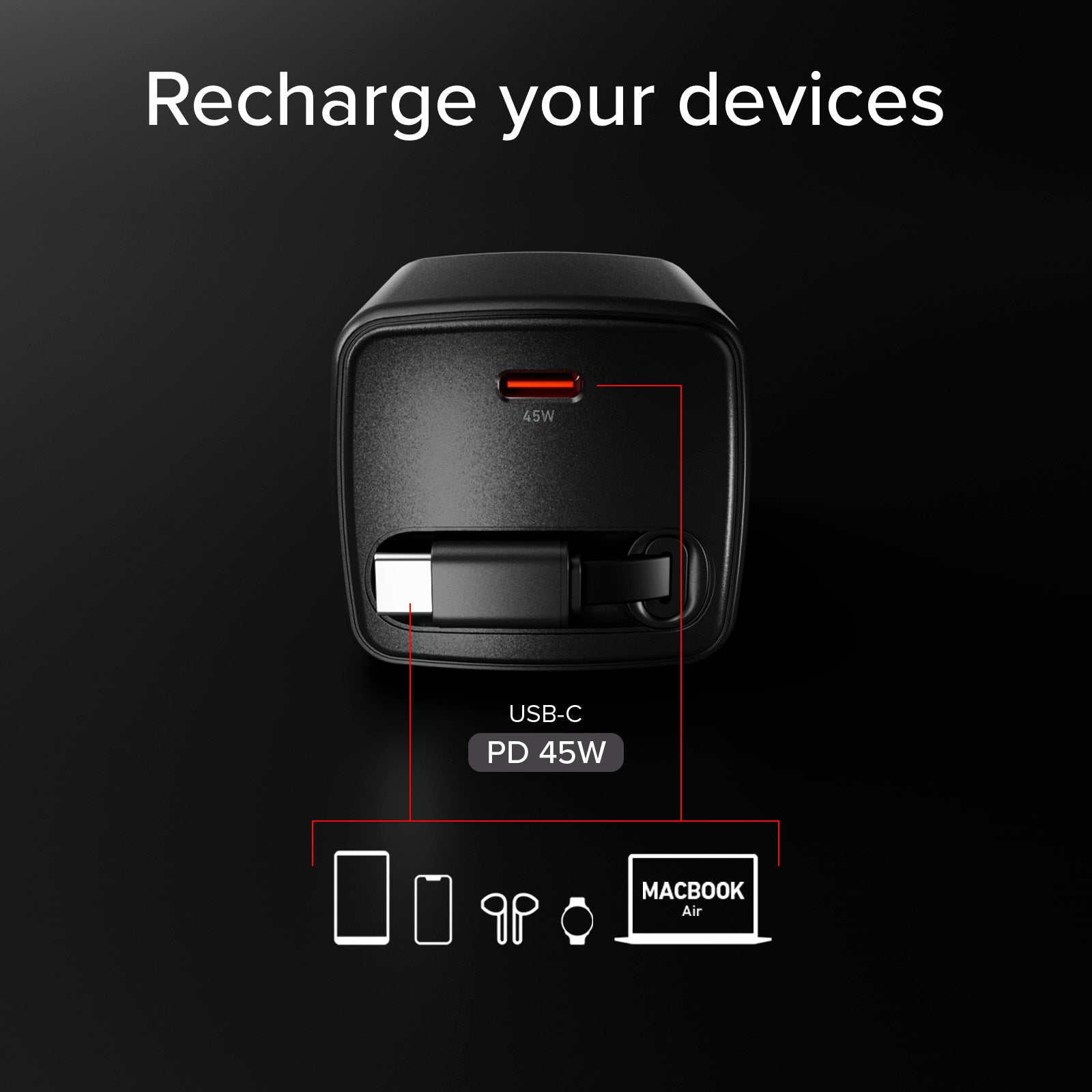 Caricatore USB-C 45W con cavo integrato retrattile GaN