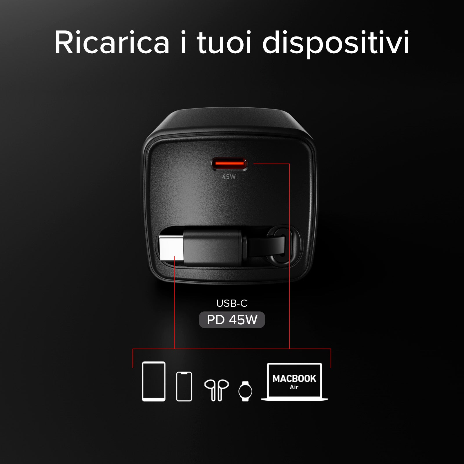 Caricatore USB-C 45W con cavo integrato retrattile GaN