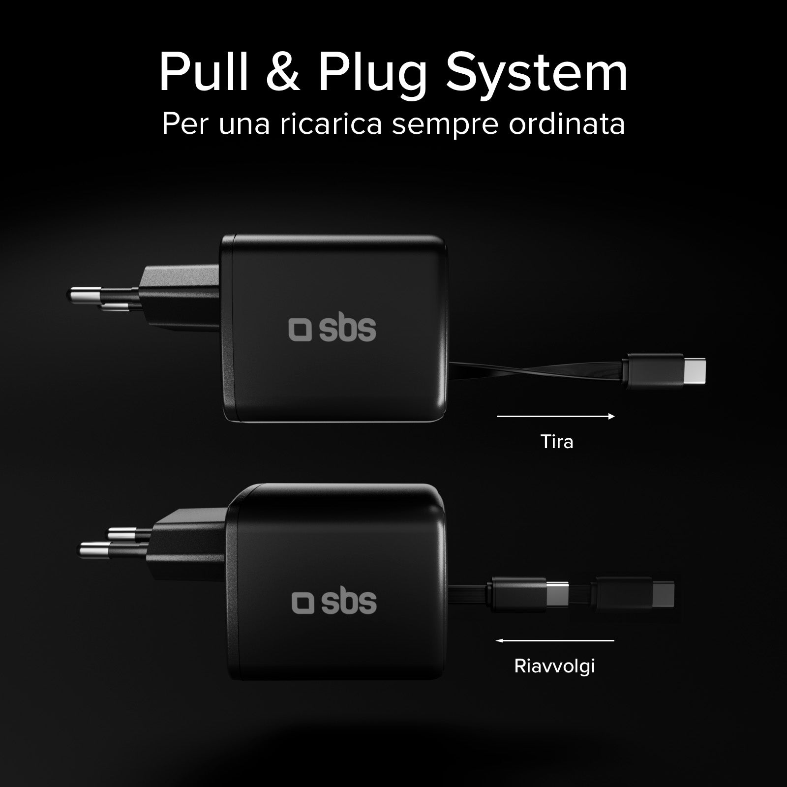 Caricatore USB-C 45W con cavo integrato retrattile GaN