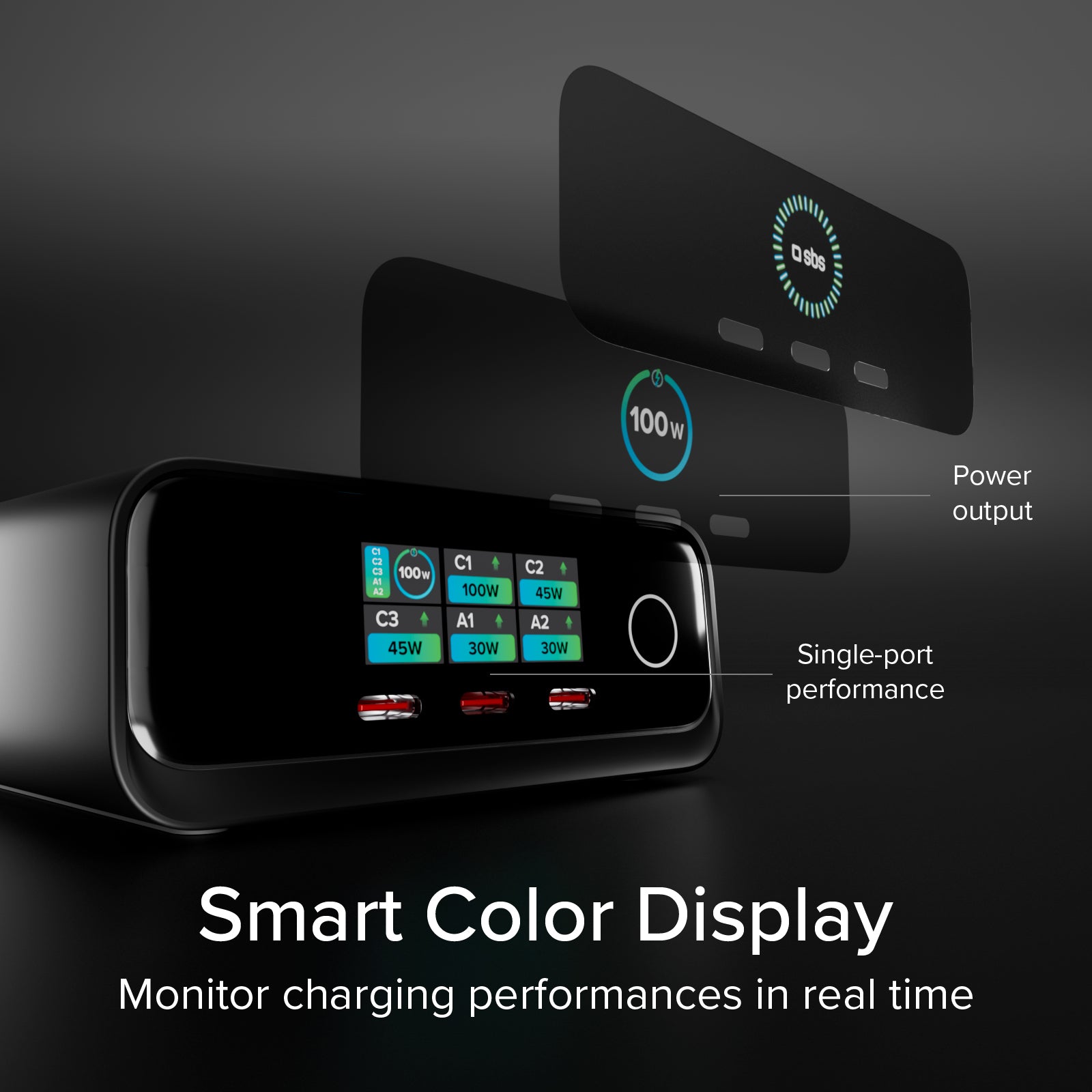 Stazione di ricarica da scrivania 100W Power Delivery con Smart Color Display, 3 porte USB-C e 2 USB-A, ideale per laptop