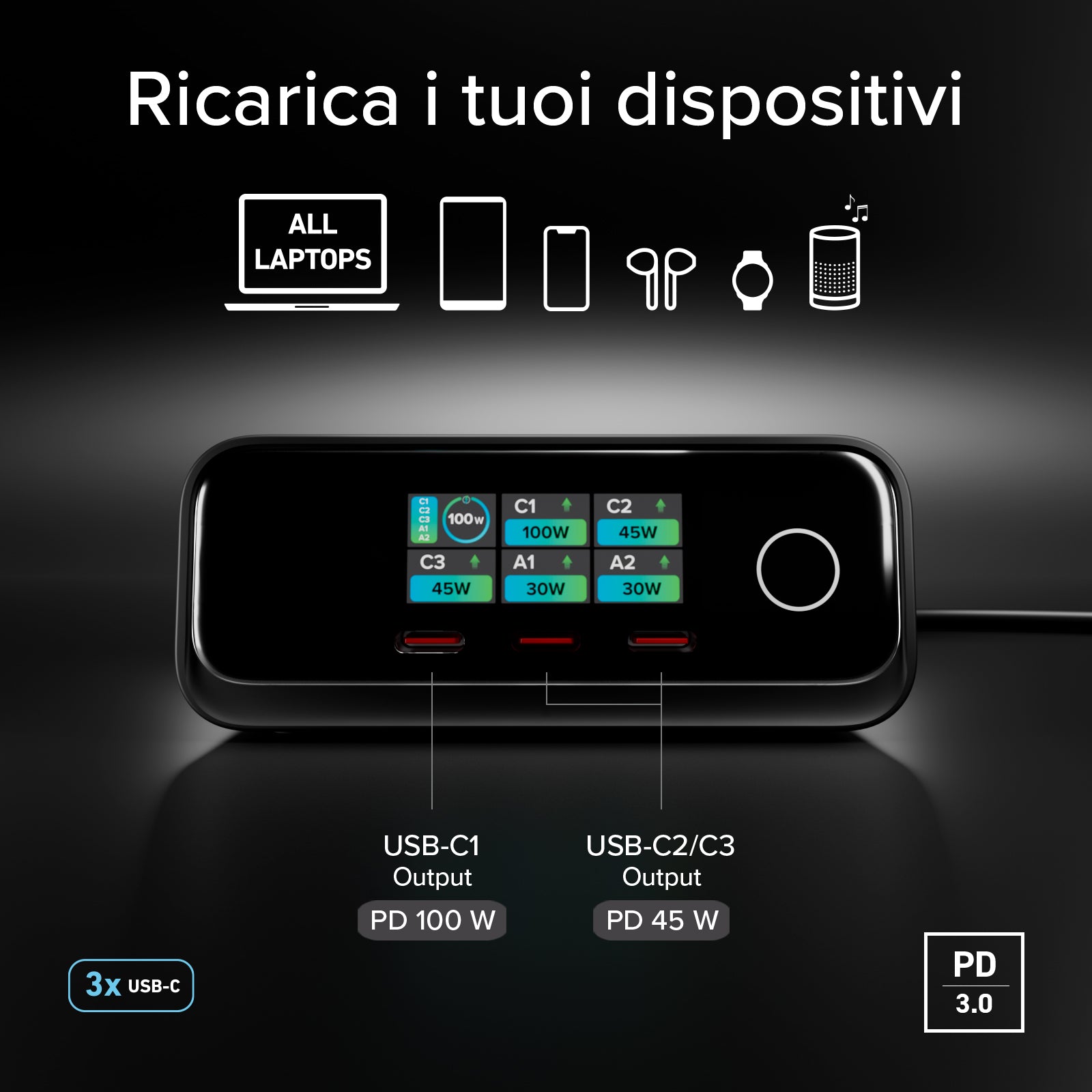 Stazione di ricarica da scrivania 100W Power Delivery con Smart Color Display, 3 porte USB-C e 2 USB-A, ideale per laptop