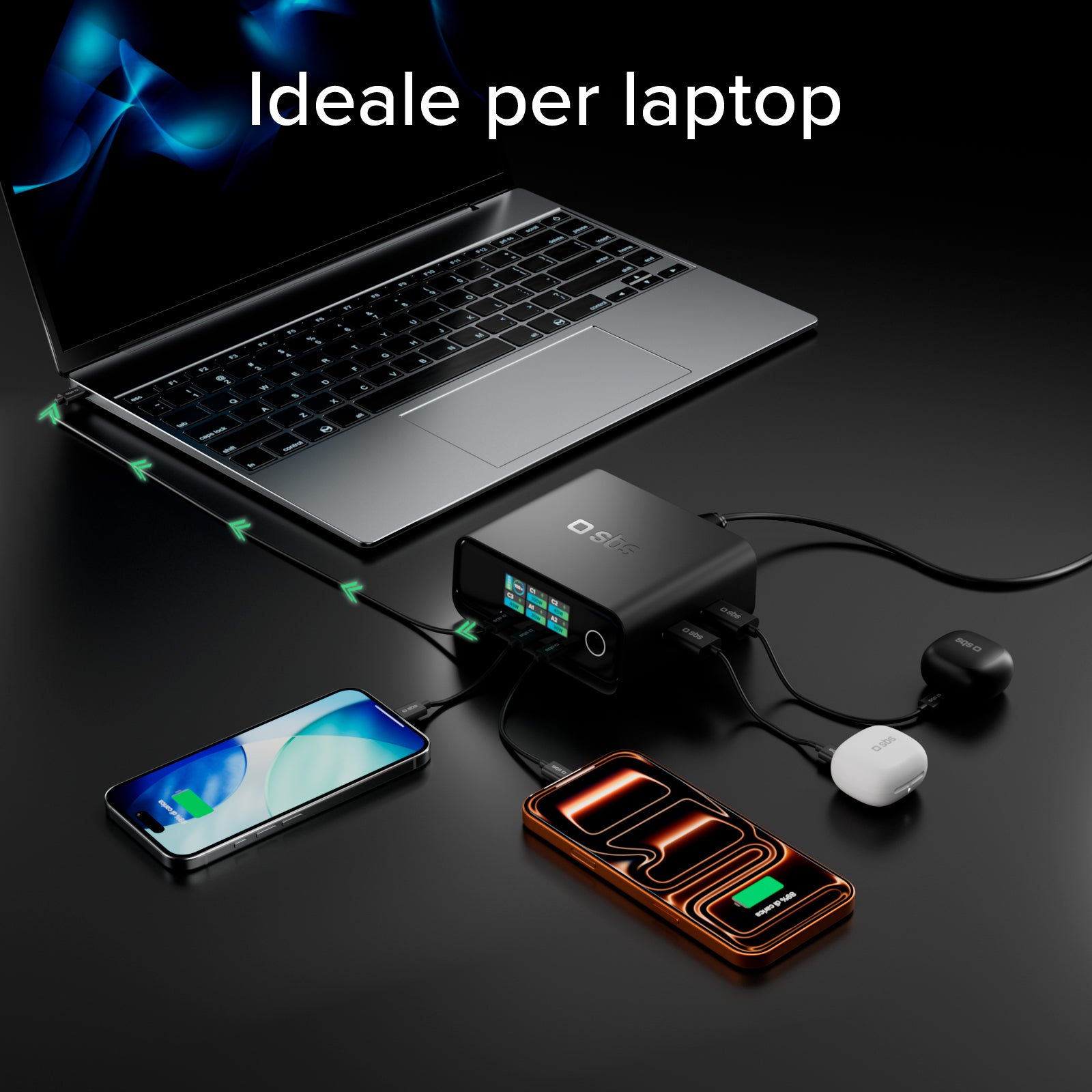 Stazione di ricarica da scrivania 100W Power Delivery con Smart Color Display, 3 porte USB-C e 2 USB-A, ideale per laptop