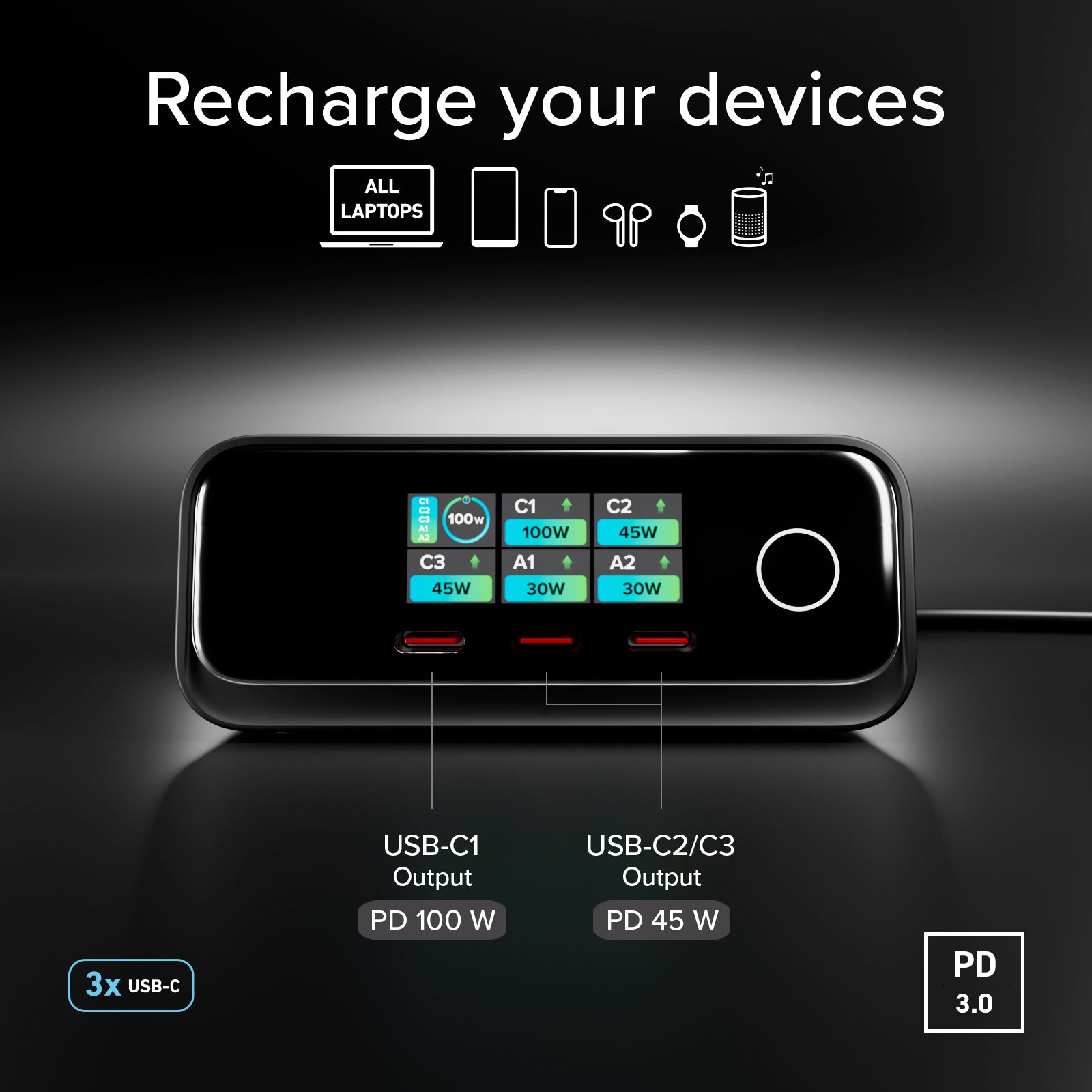 100W Power Delivery Tischladestation mit Smart Color Display, 3 USB-C- und 2 USB-A-Anschlüssen, ideal für Laptops