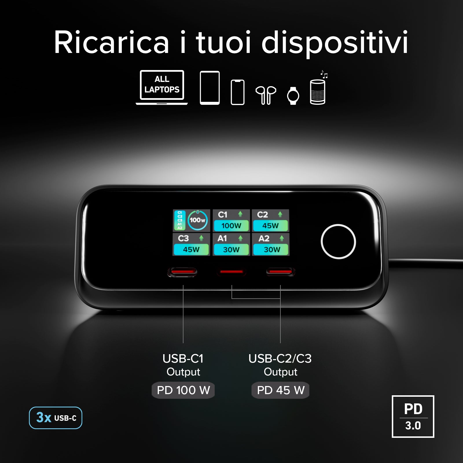 100W Power Delivery Tischladestation mit Smart Color Display, 3 USB-C- und 2 USB-A-Anschlüssen, ideal für Laptops