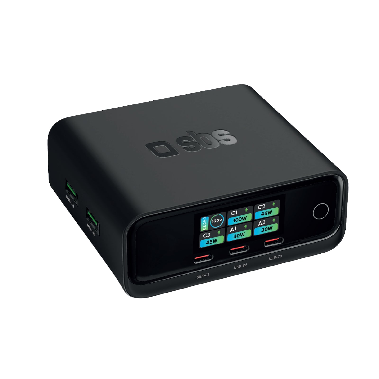 Stazione di ricarica da scrivania 100W Power Delivery con Smart Color Display, 3 porte USB-C e 2 USB-A, ideale per laptop