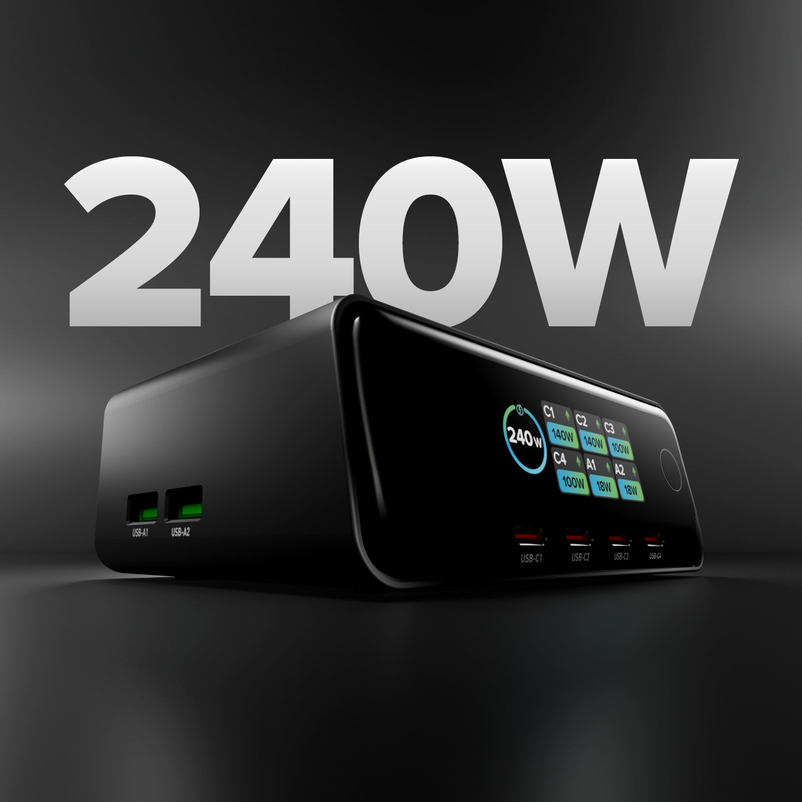 Estación de carga de escritorio 240W con 6 puertos y Smart Color Display, ideal para portátiles