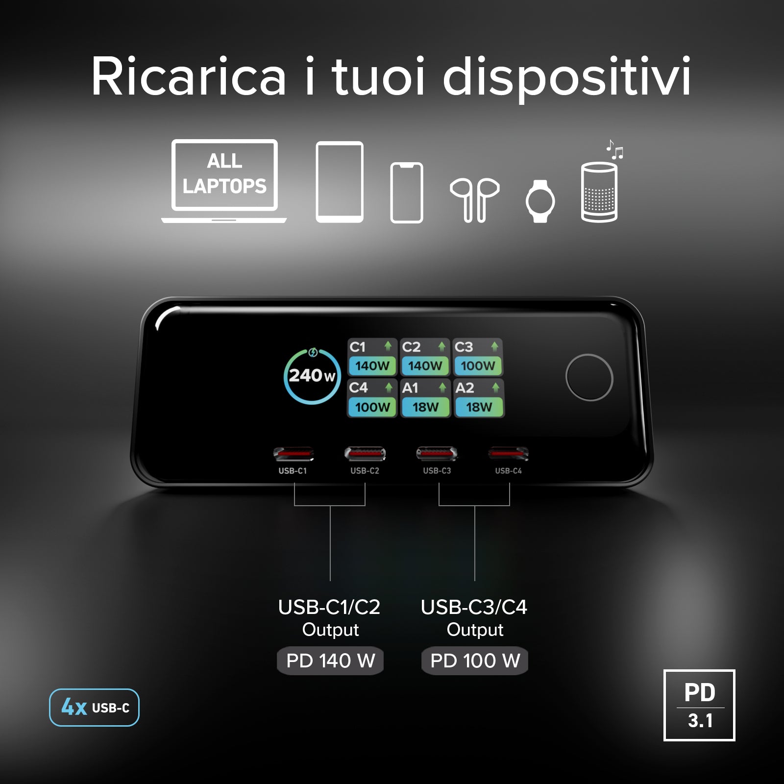 Estación de carga de escritorio 240W con 6 puertos y Smart Color Display, ideal para portátiles