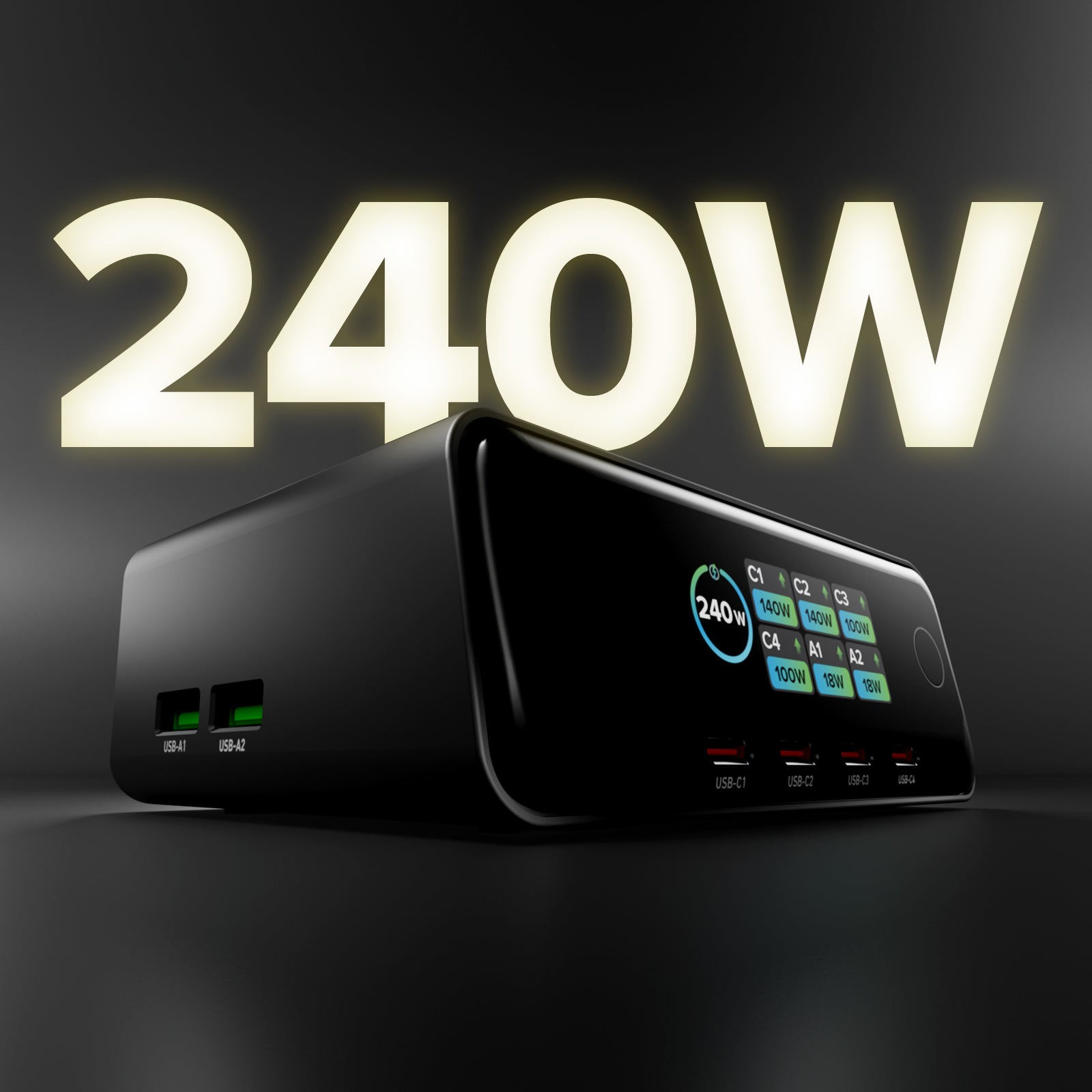 Estación de carga de escritorio 240W con 6 puertos y Smart Color Display, ideal para portátiles