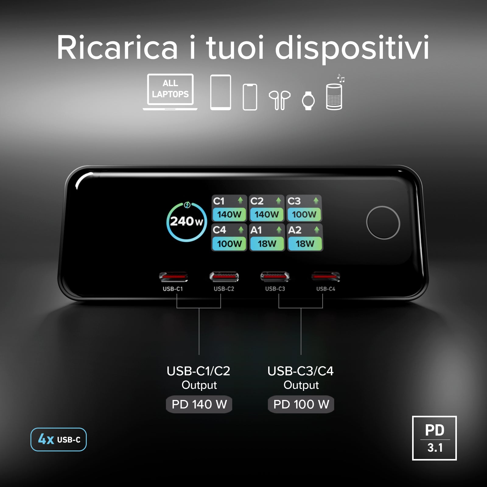 240W Desktop-Ladestation mit 6 Anschlüssen und Smart Color Display, ideal für Laptops
