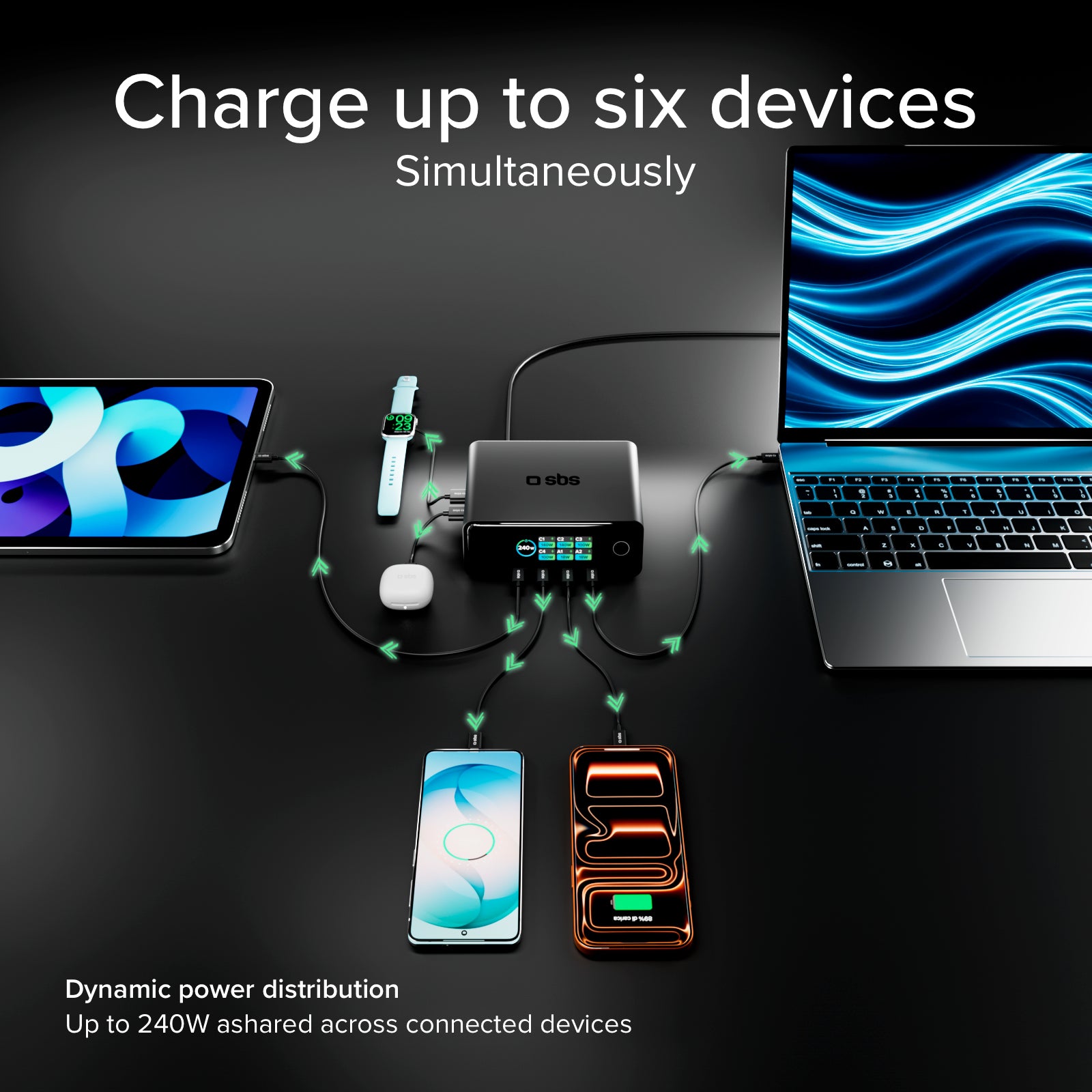 240W Desktop-Ladestation mit 6 Anschlüssen und Smart Color Display, ideal für Laptops