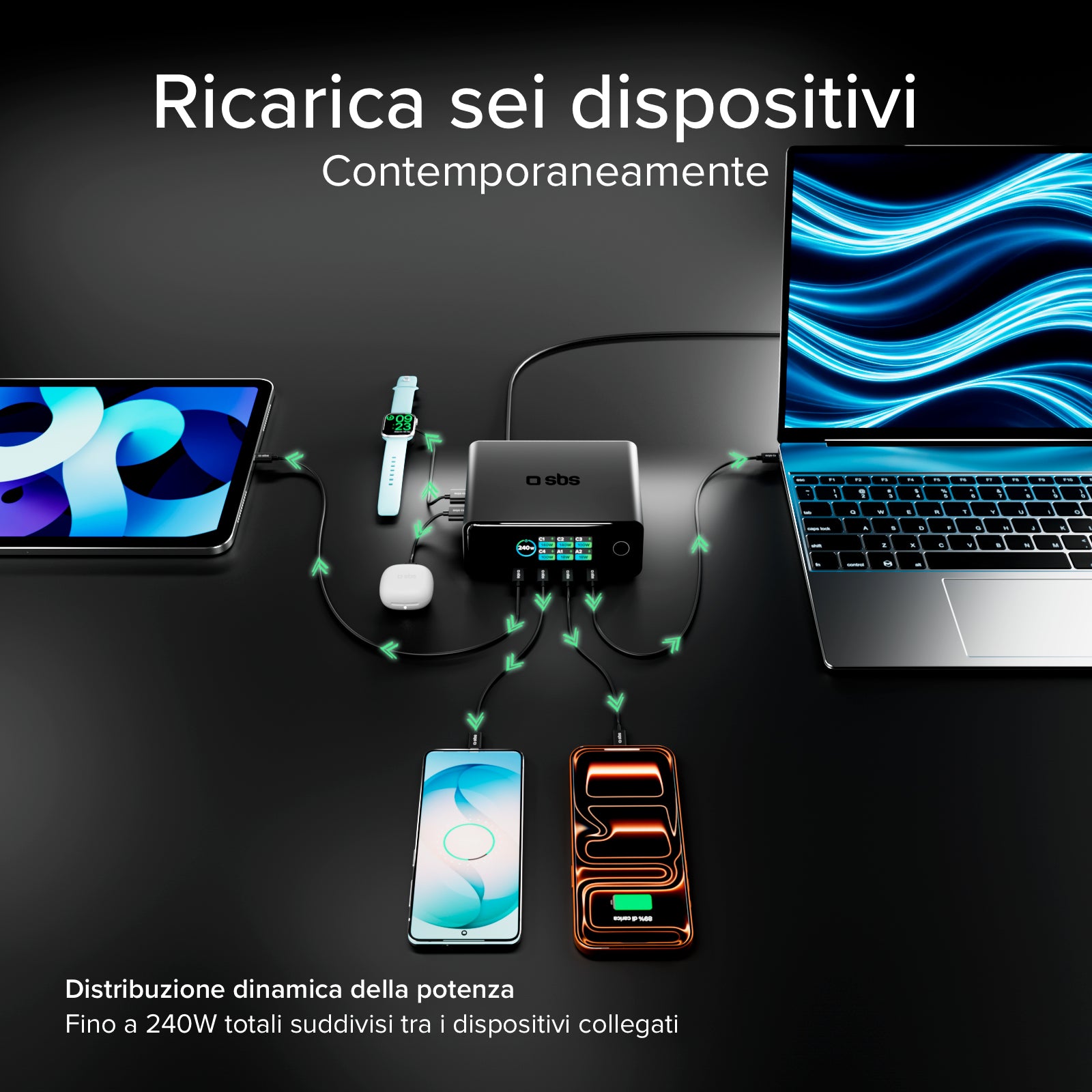 240W Desktop-Ladestation mit 6 Anschlüssen und Smart Color Display, ideal für Laptops