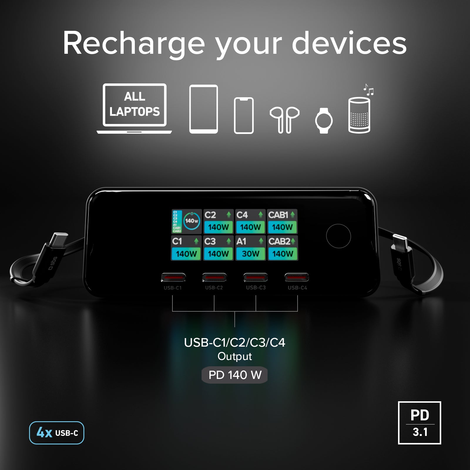 Station de charge 140W avec 2 câbles rétractables et 5 ports USB-C/USB-A, écran TFT