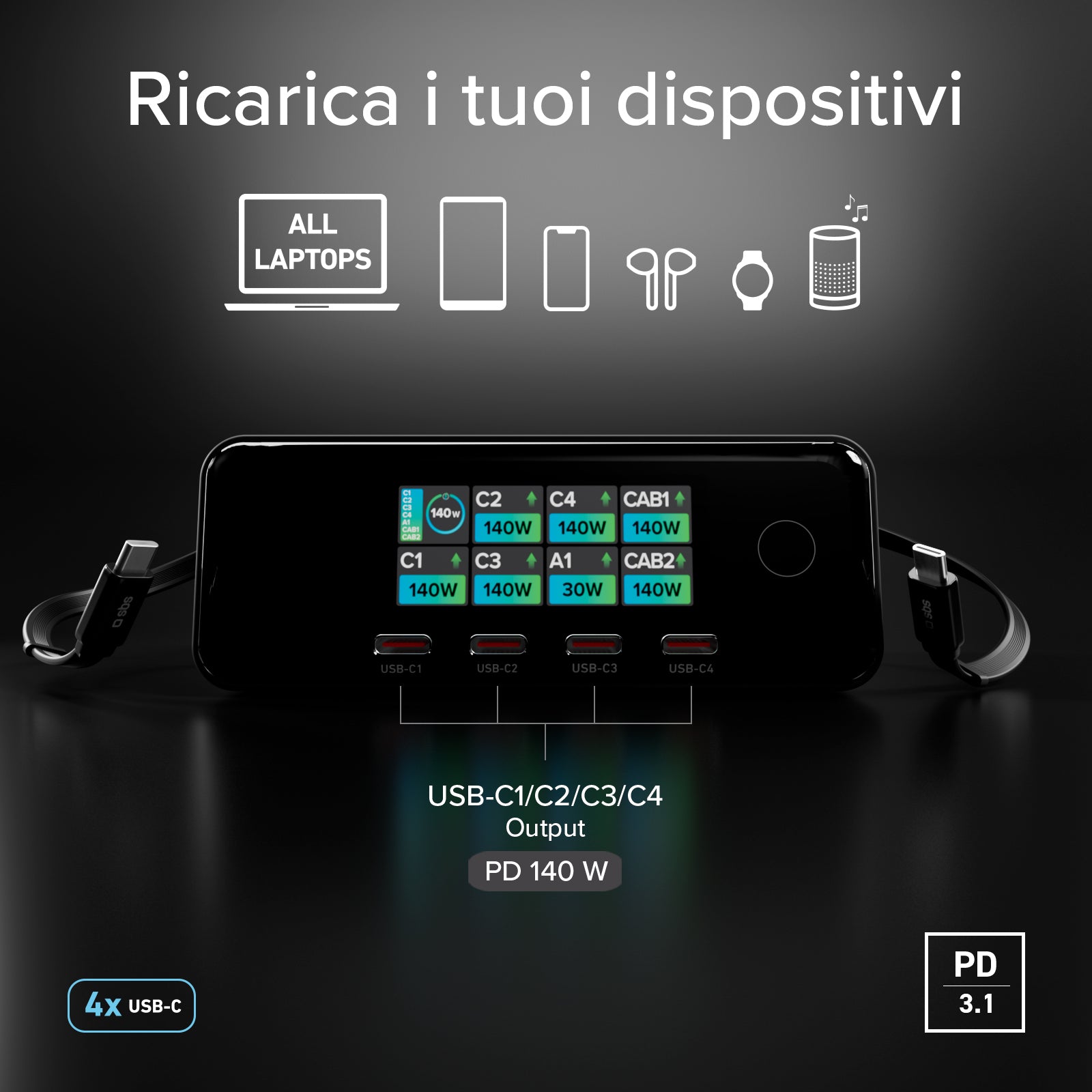 Station de charge 140W avec 2 câbles rétractables et 5 ports USB-C/USB-A, écran TFT