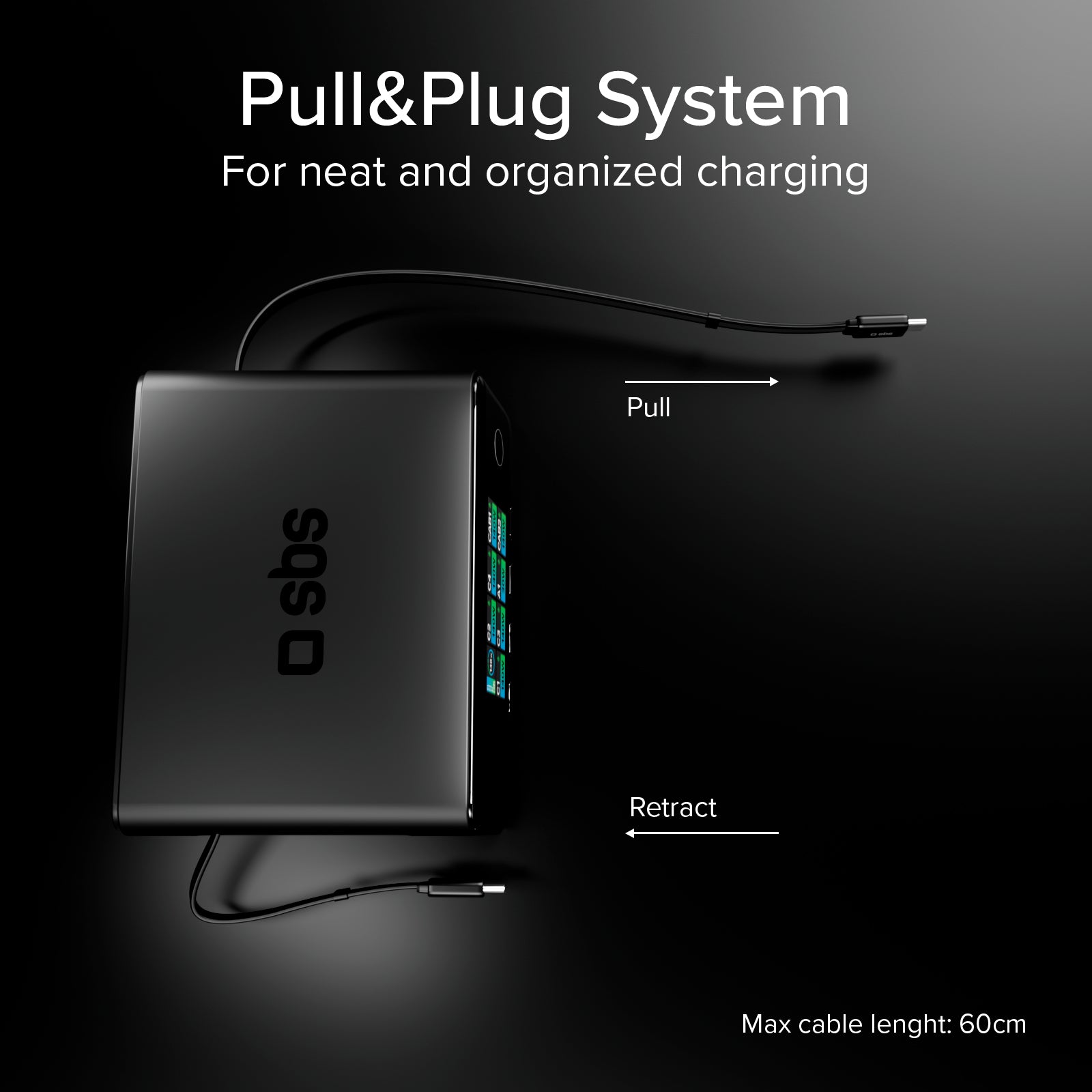 Station de charge 140W avec 2 câbles rétractables et 5 ports USB-C/USB-A, écran TFT