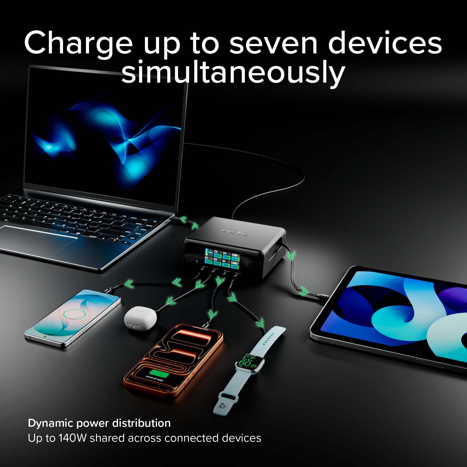 Station de charge 140W avec 2 câbles rétractables et 5 ports USB-C/USB-A, écran TFT