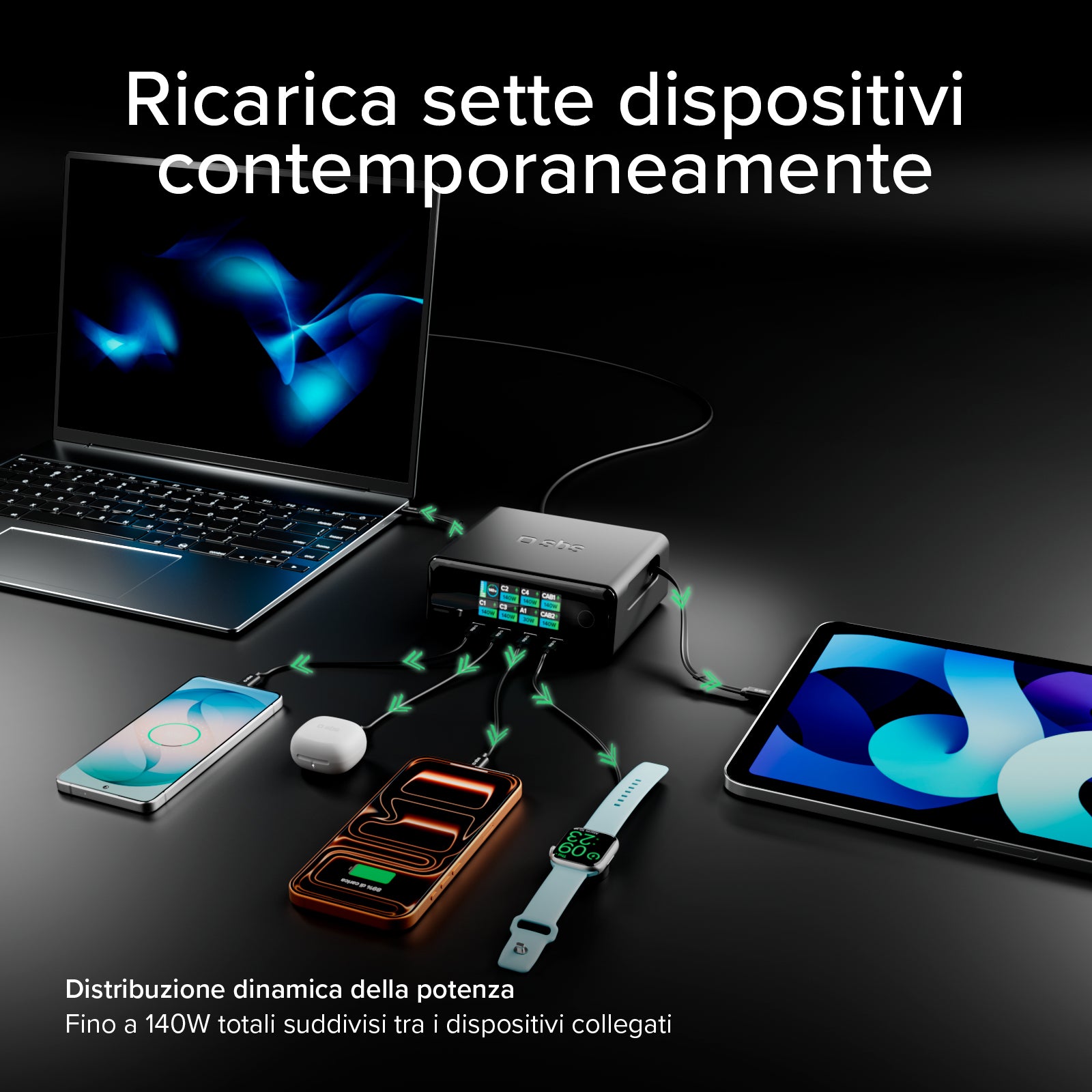Station de charge 140W avec 2 câbles rétractables et 5 ports USB-C/USB-A, écran TFT