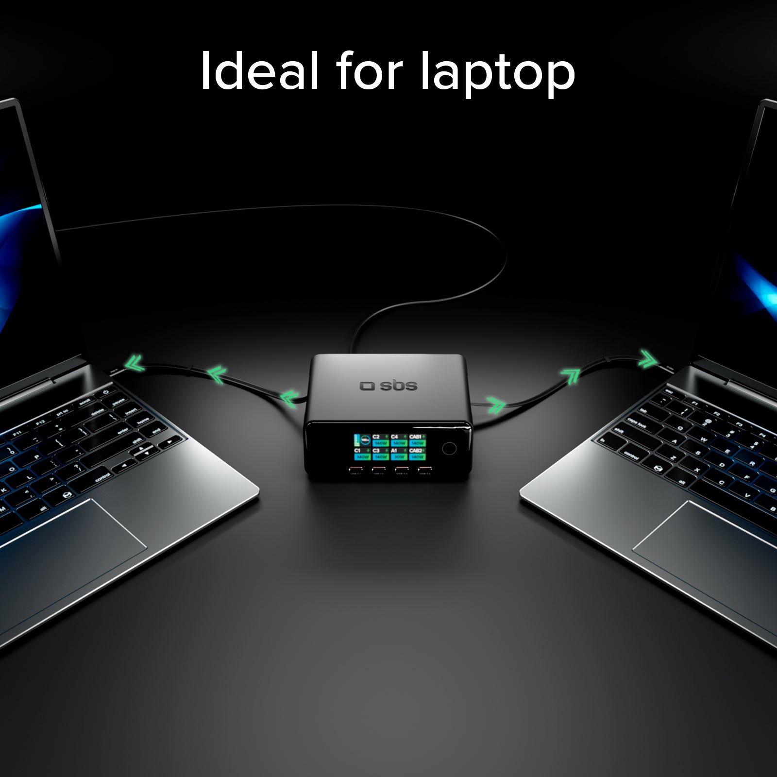 Station de charge 140W avec 2 câbles rétractables et 5 ports USB-C/USB-A, écran TFT