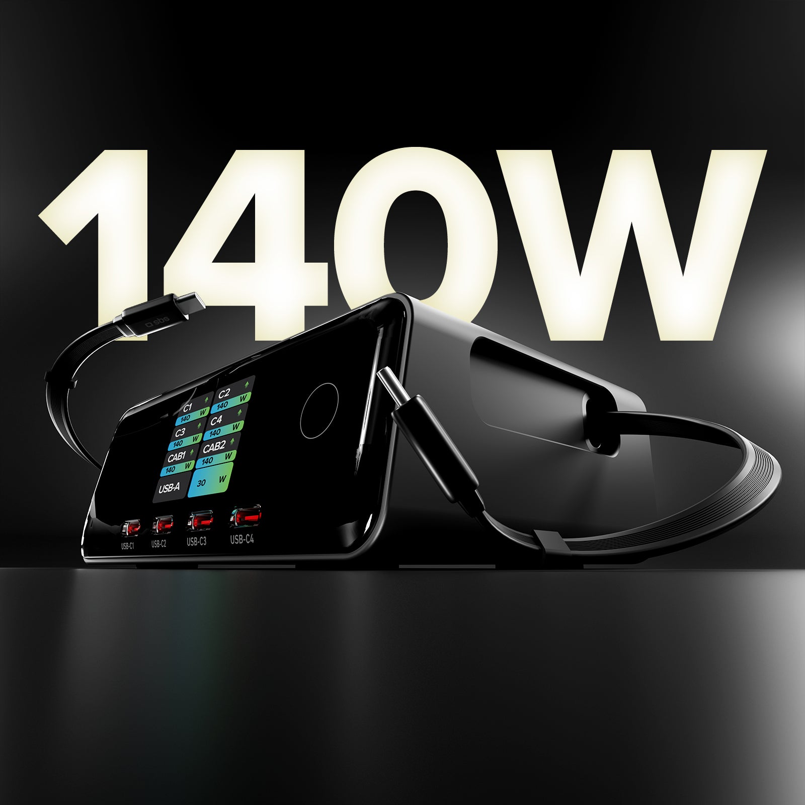 140W charging station with 2 retractable cables and 5 USB-C/USB-A ports, TFT display