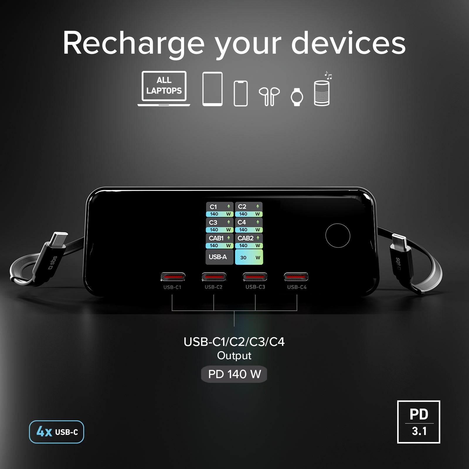 140W charging station with 2 retractable cables and 5 USB-C/USB-A ports, TFT display