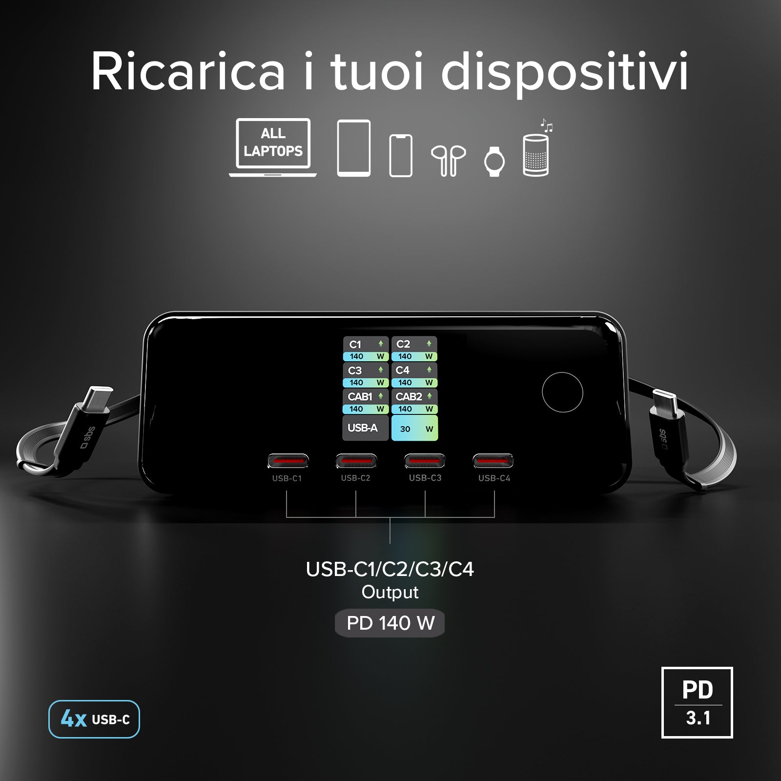 140W charging station with 2 retractable cables and 5 USB-C/USB-A ports, TFT display