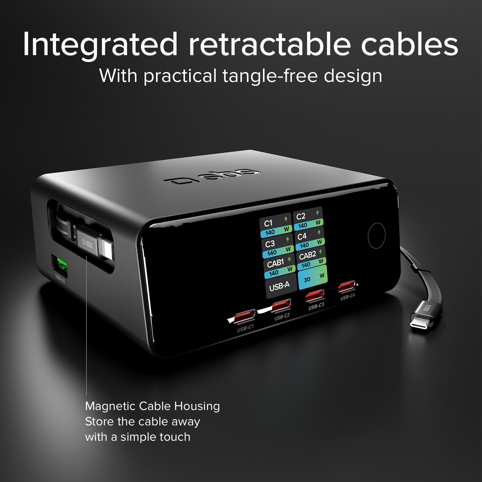 140W charging station with 2 retractable cables and 5 USB-C/USB-A ports, TFT display