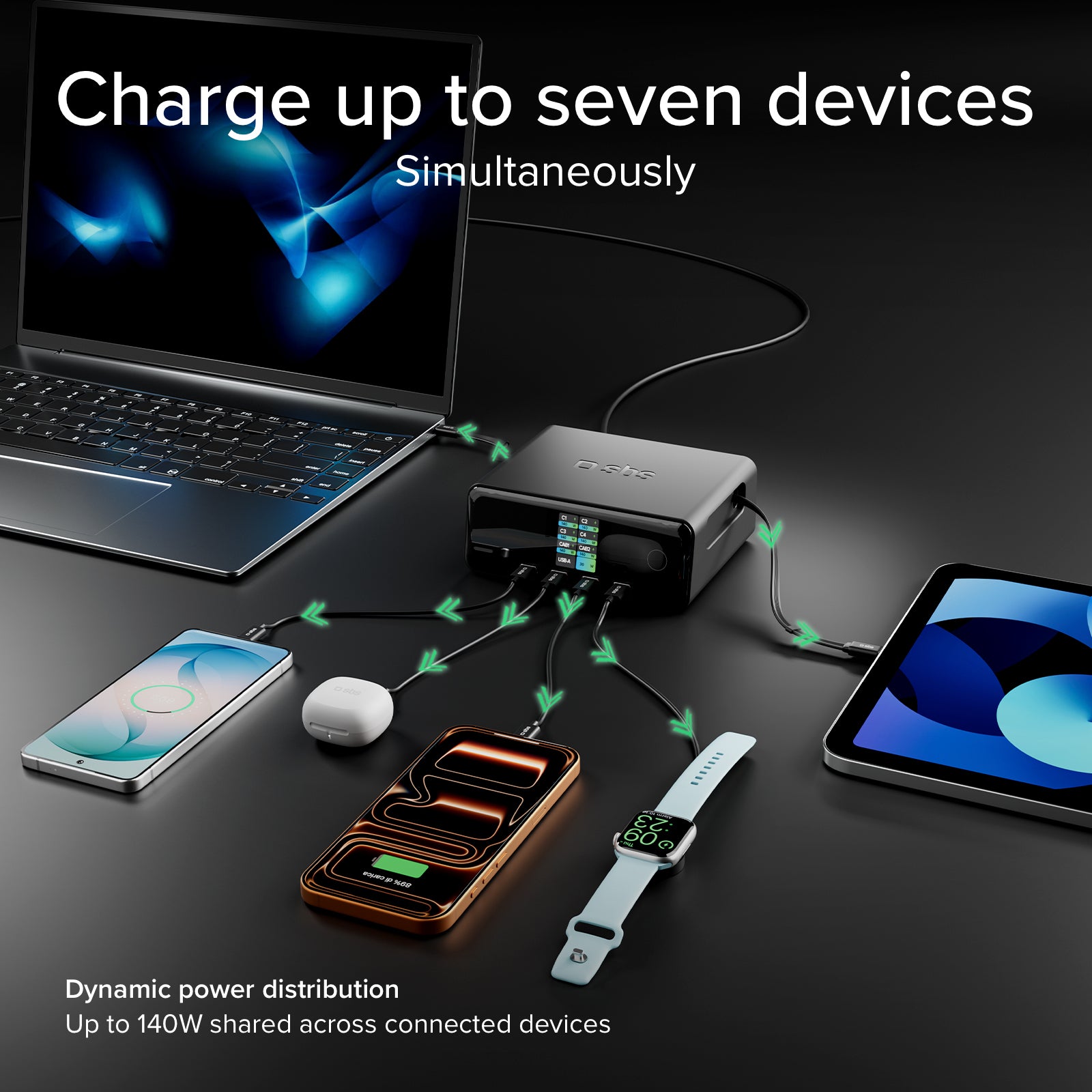 140W charging station with 2 retractable cables and 5 USB-C/USB-A ports, TFT display