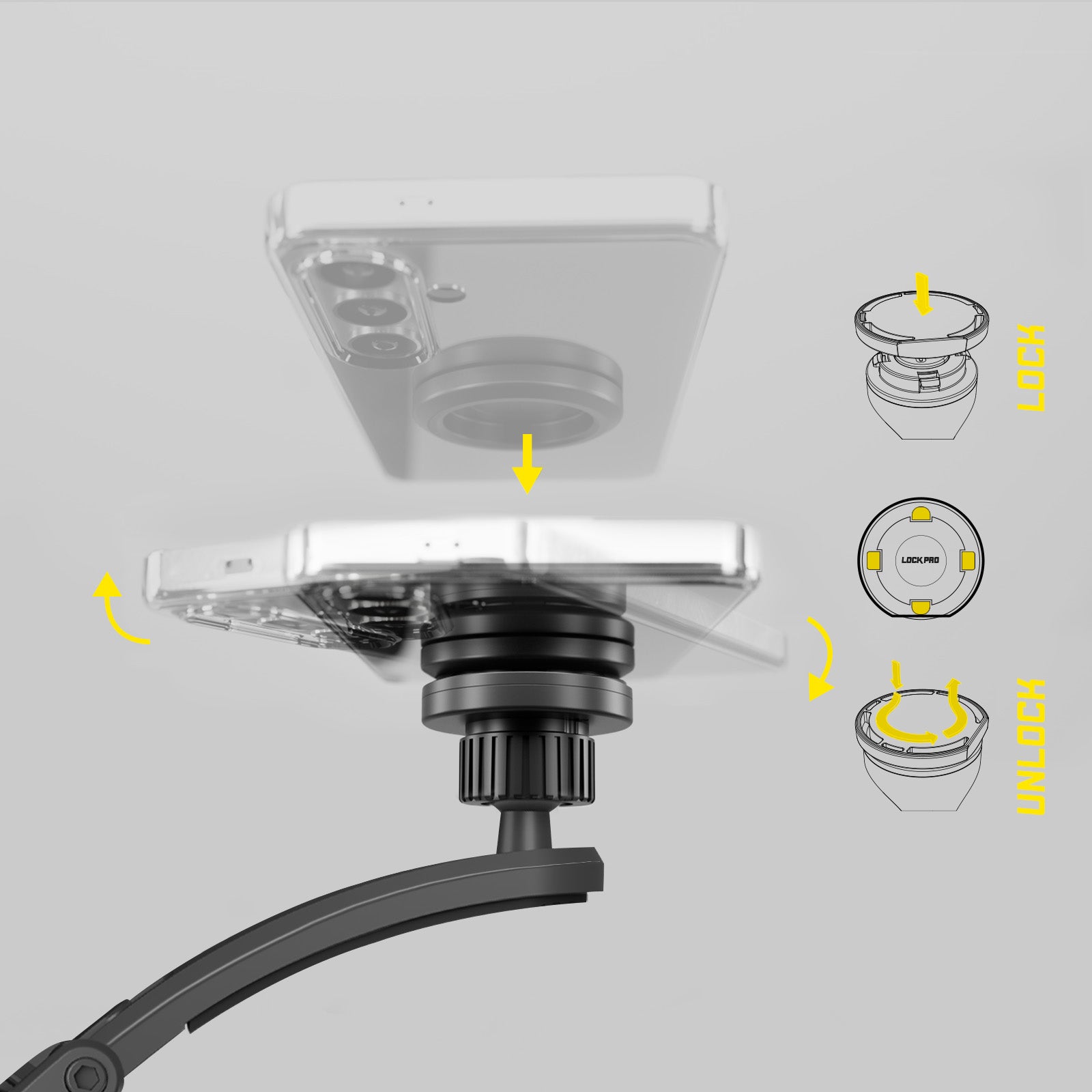 Soporte de coche para parabrisas o salpicadero con sistema de bloqueo LockPro