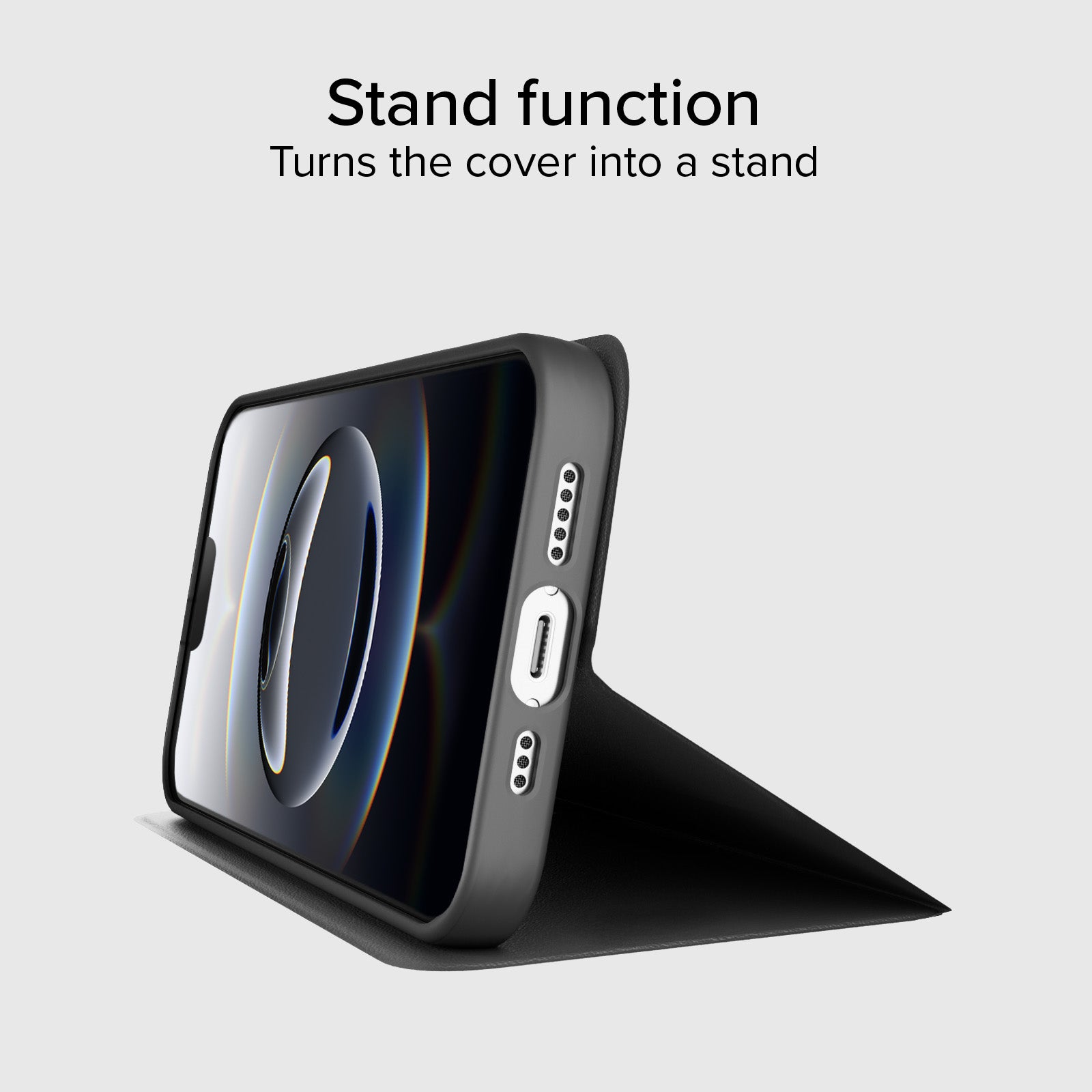 Book-style case with stand support and soft touch surface for iPhone 16e