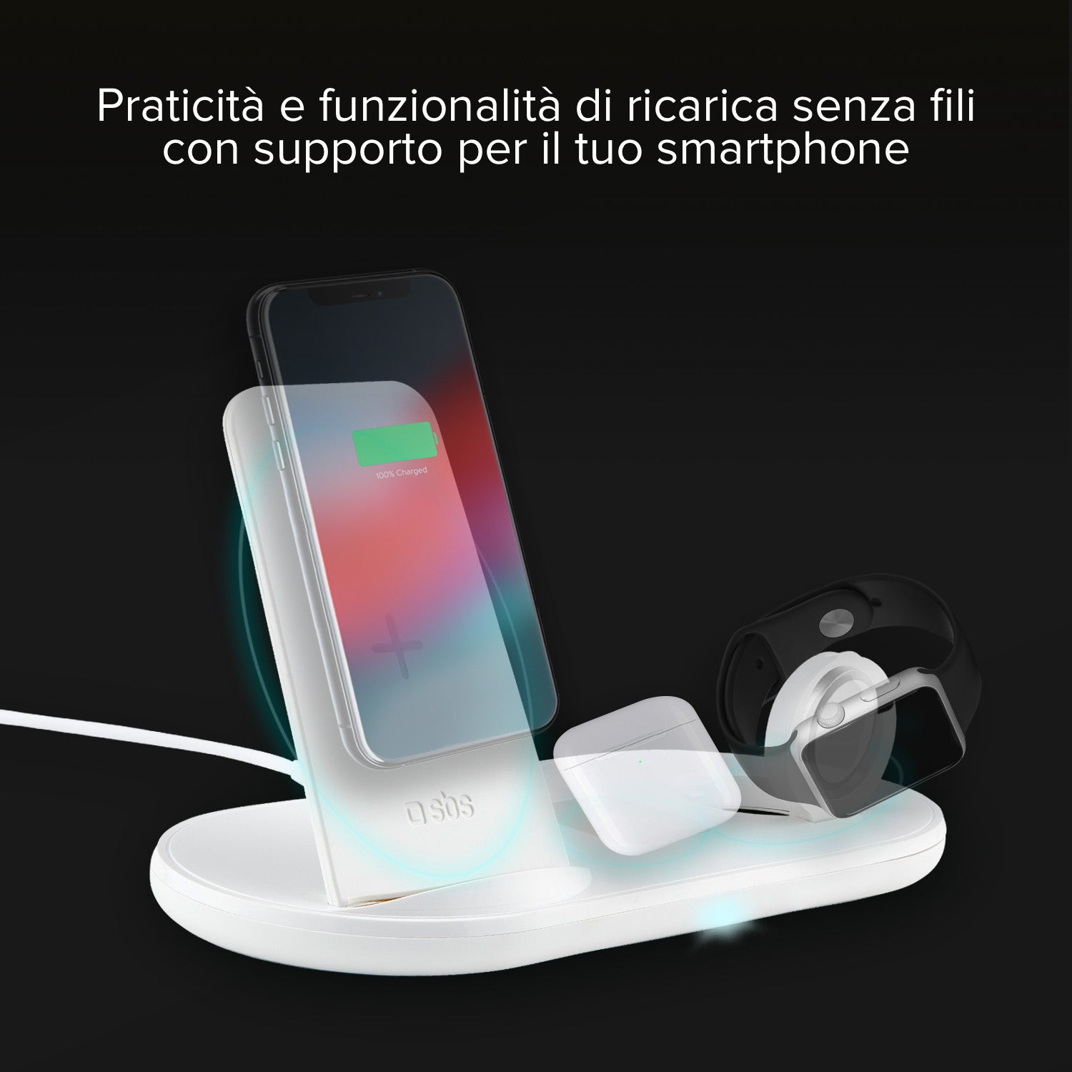 Caricatore QI Wireless 3 in 1, supporto per smartphone, auricolari, Apple Watch