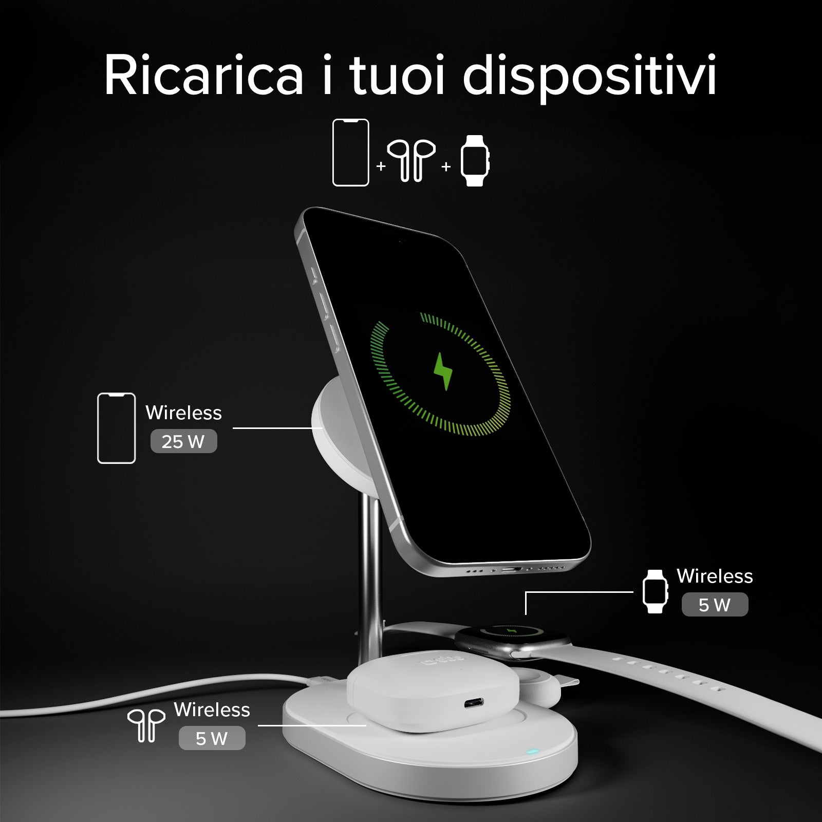Stazione di ricarica wireless Qi2.2 per smartphone, auricolari wireless e smartwatch