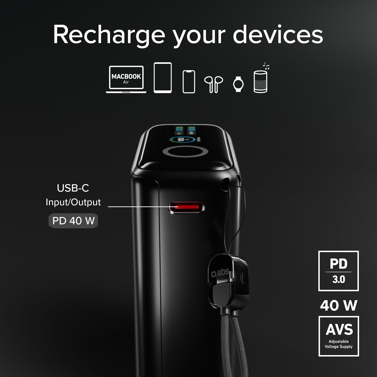 Batería externa 10000 mAh 40 W Power Delivery y AVS, con cable USB-C incluido y pantalla inteligente