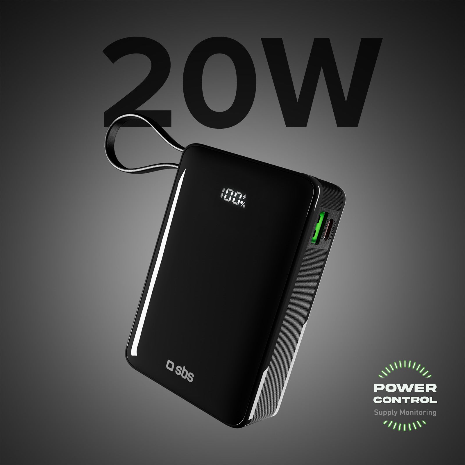 Powerbank 20.000 mAh, cavo USB-C integrato, 1 uscita USB-C PD 20W e USB-A 22.5W