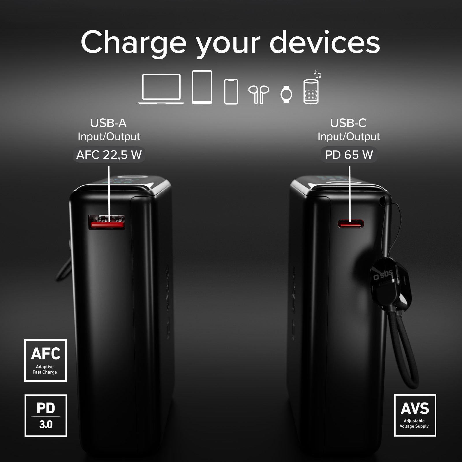 20000mAh Power Bank, USB-A 22.5W, USB-C 65W PD | SBS