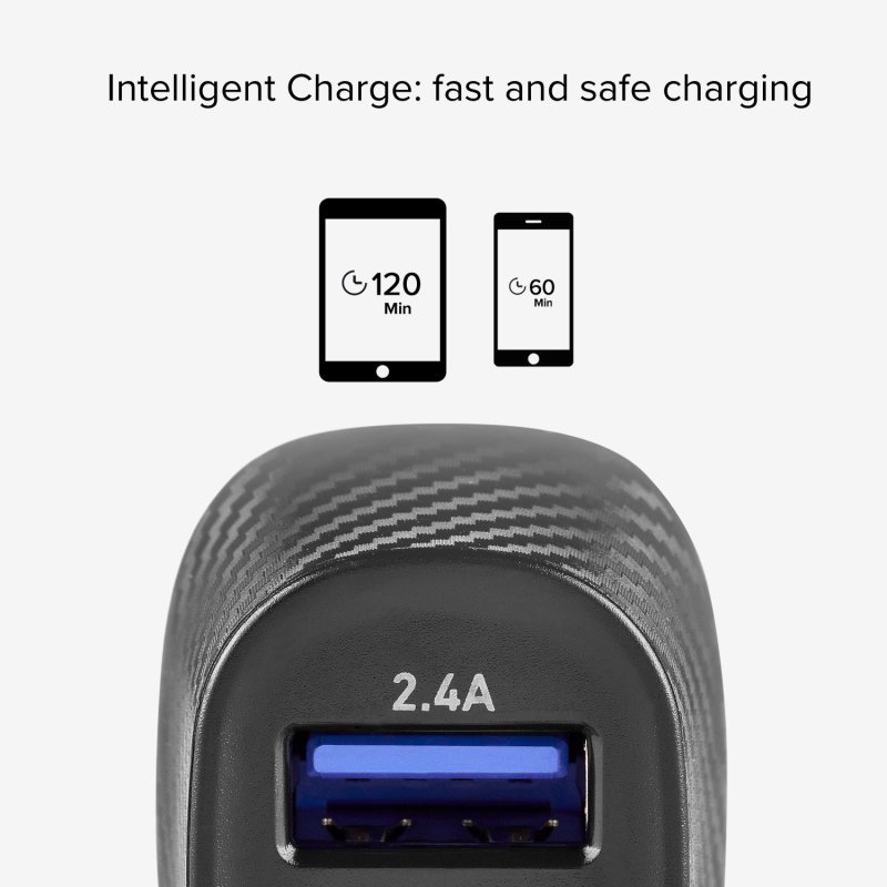 Fast charging car charger, 1 USB 12W and 1 USB 5W port