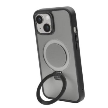 Cover compatibile con ricarica MagSafe con finiture in metallo e anello con funzione stand per iPhone 15