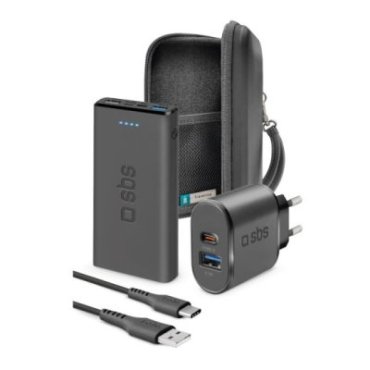 Travel kit with organiser, power bank, wall charger and USB - USB-C cable