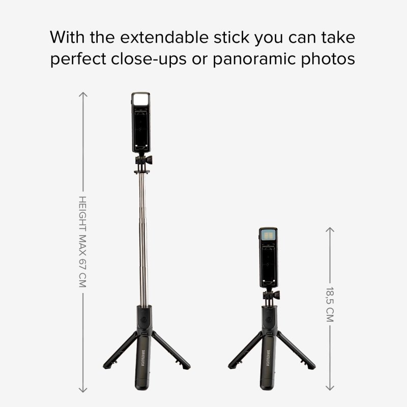 Universal selfie stick with built-in LED light and tripod