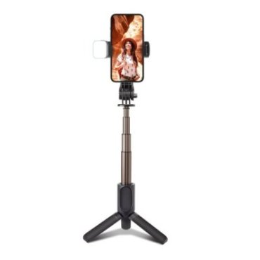 Selfie stick with built-in tripod and LED light