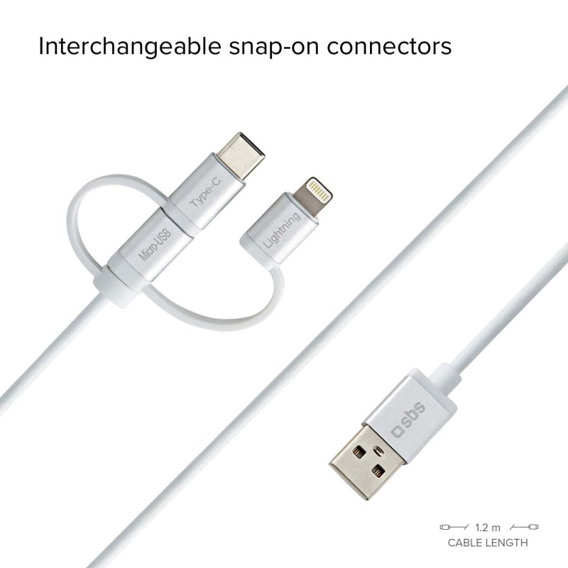 Cable USB - Micro USB con adaptadores Lightning y USB-C
