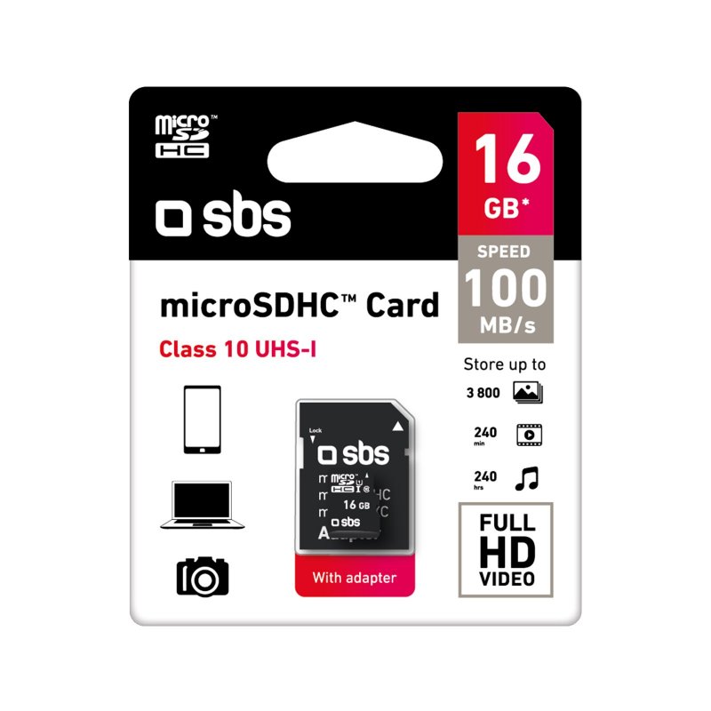 Micro SD Memory Card 16 Gb CLASSE 10 con Adattatore 