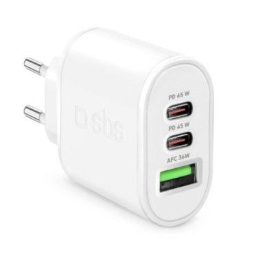 65W GaN ultra-fast charger with 2 USB-C Power Delivery ports and 1 USB-A port