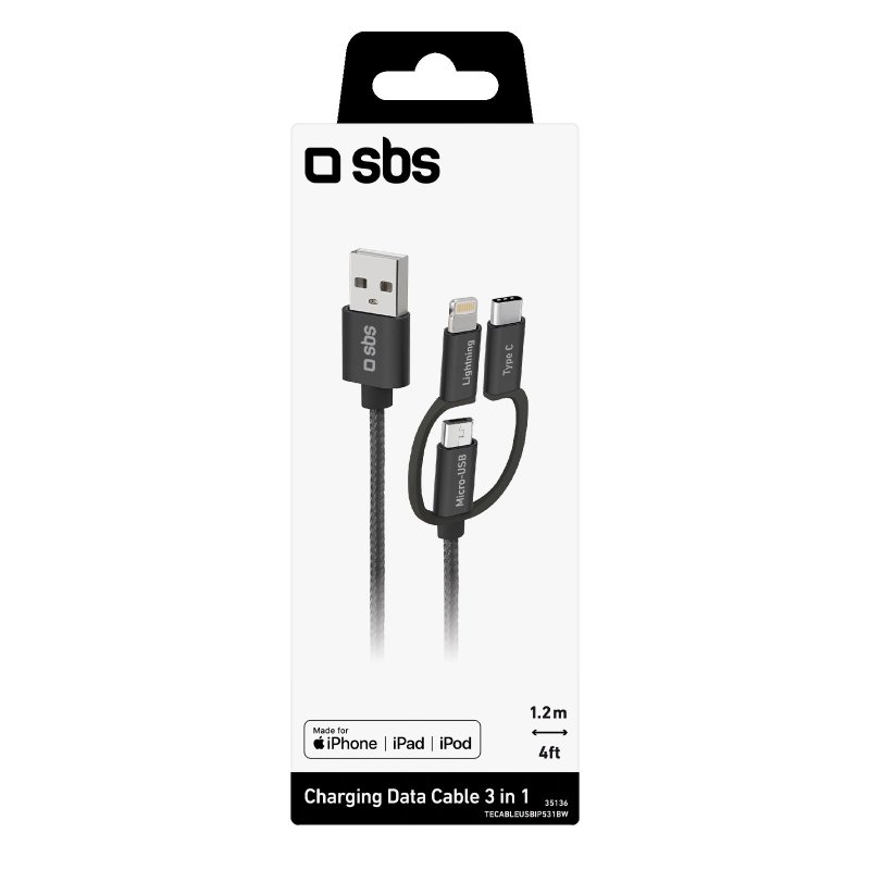 USB to Micro-USB cable with Lightning and USB-C adaptors