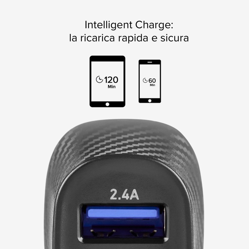 Fast charging car charger, 1 USB 12W and 1 USB 5W port