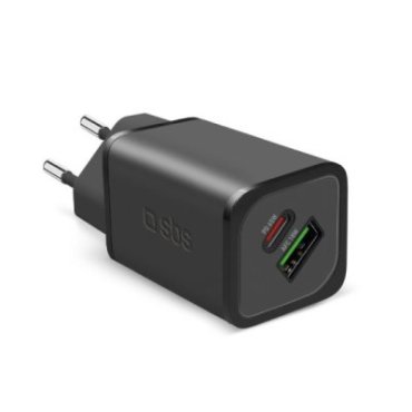 65 Watt GaN wall charger with 1 USB-C Power Delivery and 1 USB-A Adaptive Fast Charge