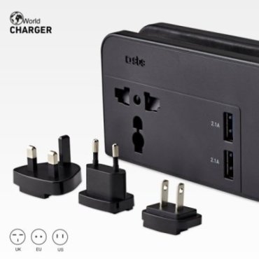 Travelling battery charger with EU, UK and USA plugs