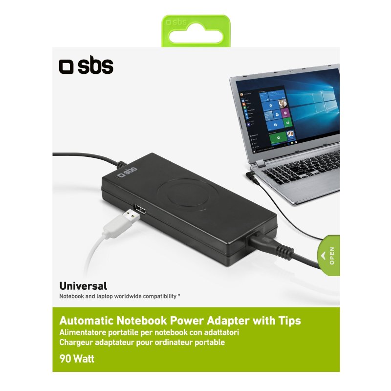 Portable 90W power supply for notebooks with adapters