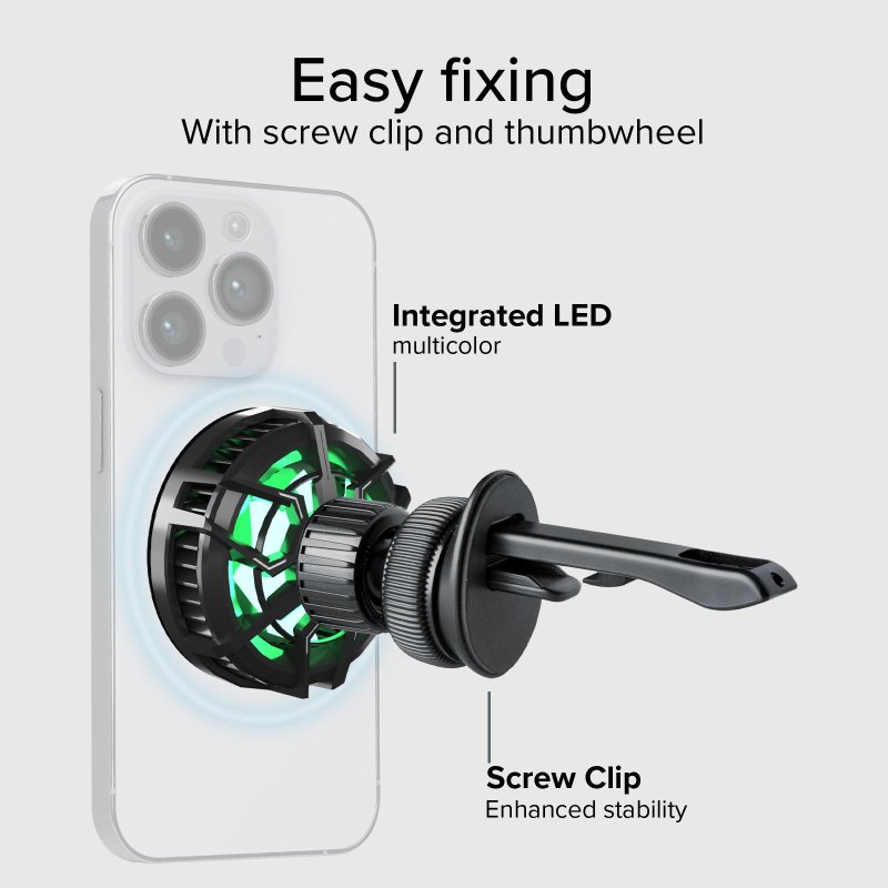Mobile phone holder with cooling fan and 15W wireless charging